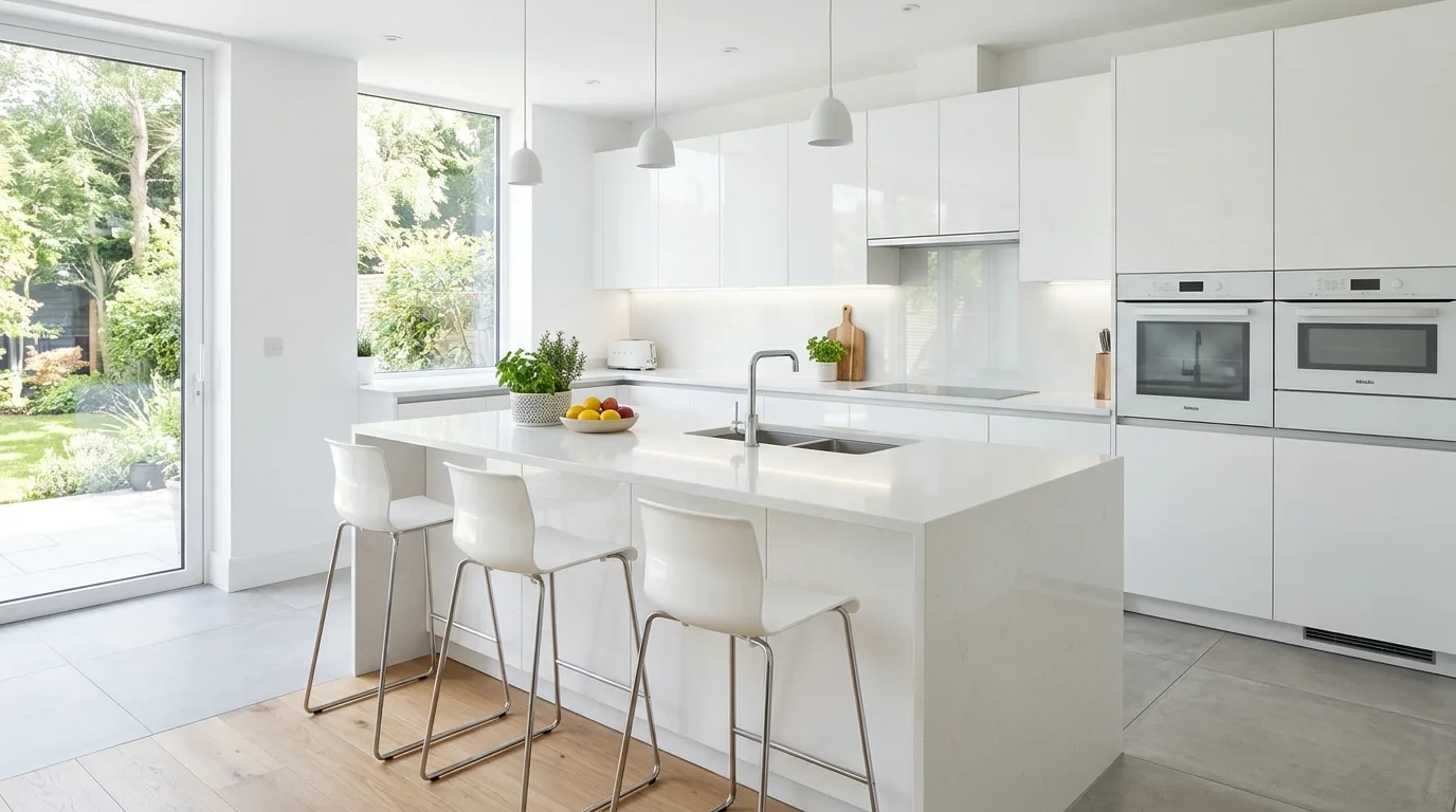 Let stone counters bring in subtle movement inspiration for a bright white kitchen.
